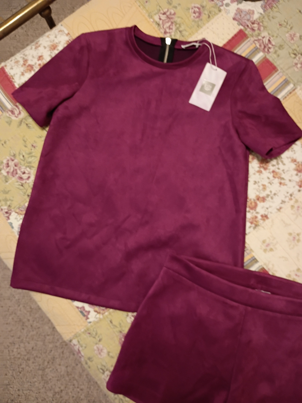 Zara Short Sleeve Top Size M. Suede Set With Size L Shorts -Look Top in Plum